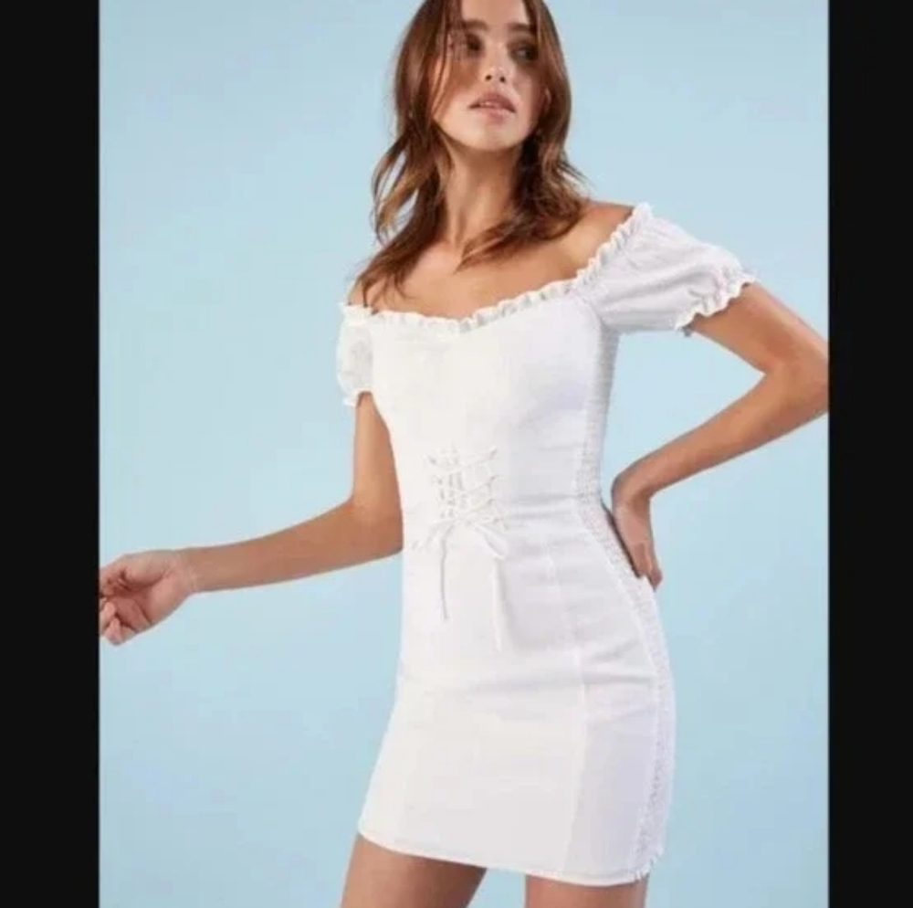 Reformation 'Miami' White Linen Off-Shoulder Fitted Corset Mini Dress, Size 8